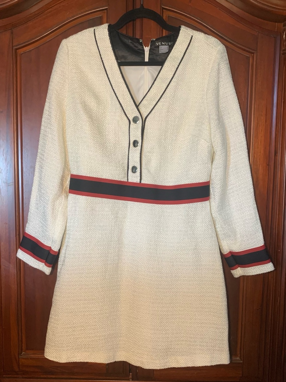 VENUS Cream Tweed Long-Sleeve Dress with Black and Red Trim